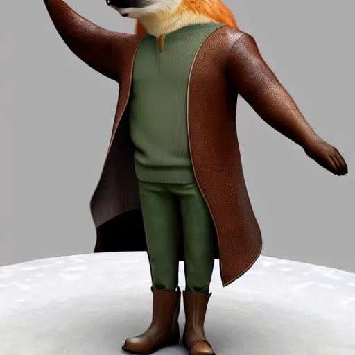 Image similar to 3 d render, portrait, anthropomorphic fox, male, in a brown leather maxi jacket, in the style of zootopia