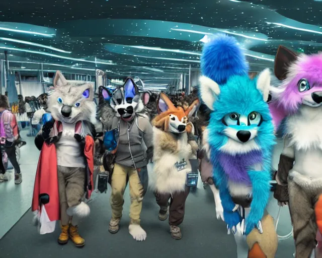 Image similar to high - resolution photograph from a nanopunk era furry fandom convention ( midwest furfest 2 0 4 7 ), taking place after the genetic revolution and singularity. photorealistic.