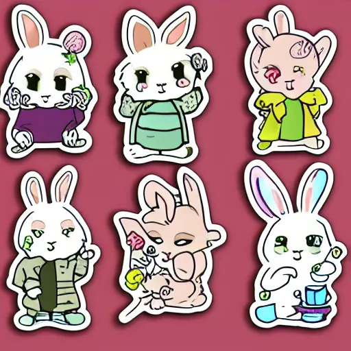 Prompt: sticker set, cute bunny characters