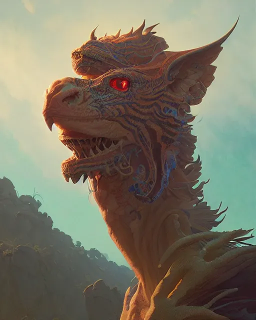 Image similar to highly detailed surreal vfx portrait of a sacred chimera, stephen bliss, unreal engine, greg rutkowski, loish, rhads, beeple, makoto shinkai and lois van baarle, ilya kuvshinov, rossdraws, tom bagshaw, alphonse mucha, global illumination, detailed and intricate environment