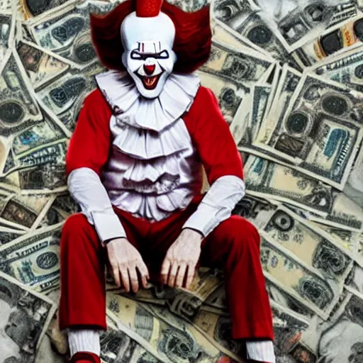 Image similar to Pennywise the clown wearing a suit and holding a stash of banknotes in his hands, full body shot