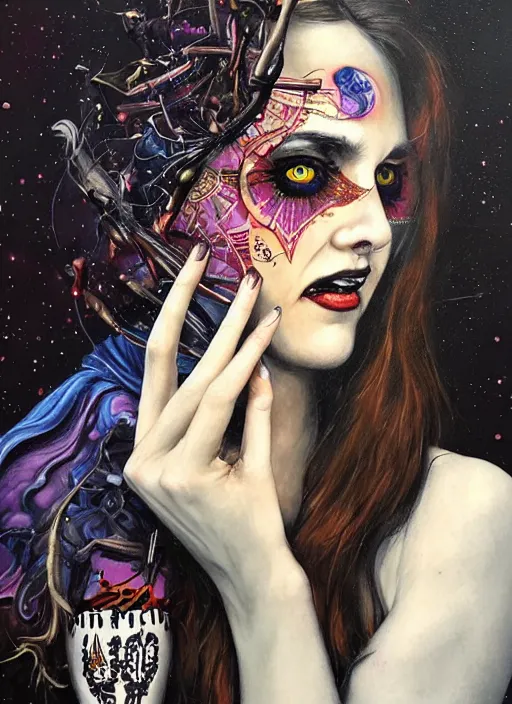 Image similar to gorgeous magic cult psychic woman smiling, third eye, subjective consciousness psychedelic, epic surrealism expressionism symbolism, story telling, iconic, dark robed, oil painting, symmetrical face, dark myth mythos, by Sandra Chevrier, Peter Kemp masterpiece