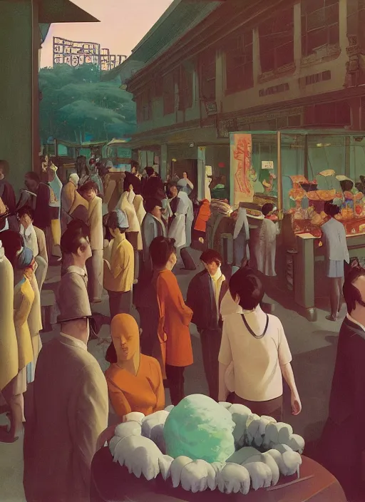 Image similar to crowd around ice cream cart in Tokyo Edward Hopper and James Gilleard, Zdzislaw Beksinski highly detailed