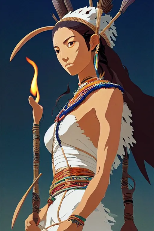 Image similar to woman of q'eros, peru amazon tribe, finely detailed perfect face, exquisite details, fire magic, mid view, design on a white background, by studio muti, greg rutkowski makoto shinkai takashi takeuchi studio ghibli