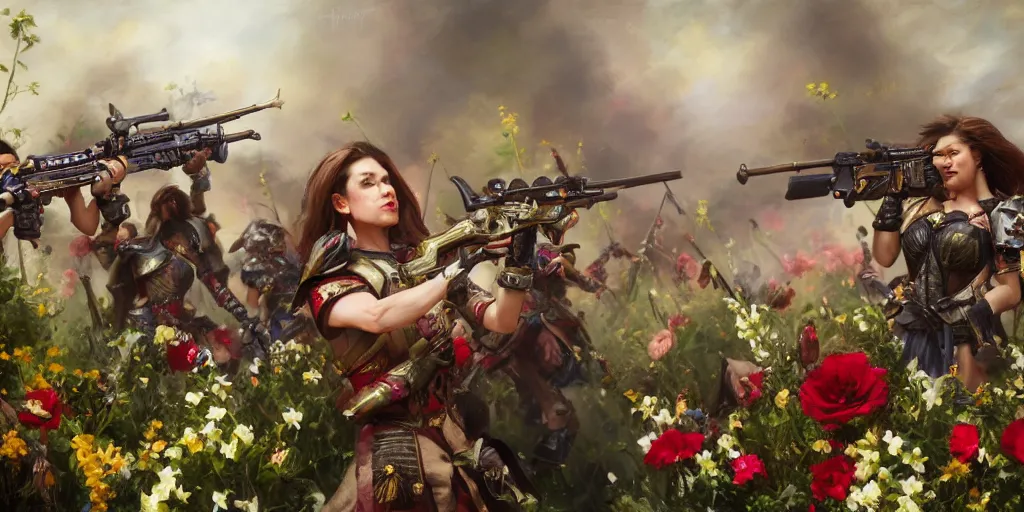 Prompt: warhammer battle sisters aiming their rifles at a bouquet of flowers. by Daniel F. Gerhartz, hyperrealistic oil painting, 4k, studio lightning, very detailed, rtx on