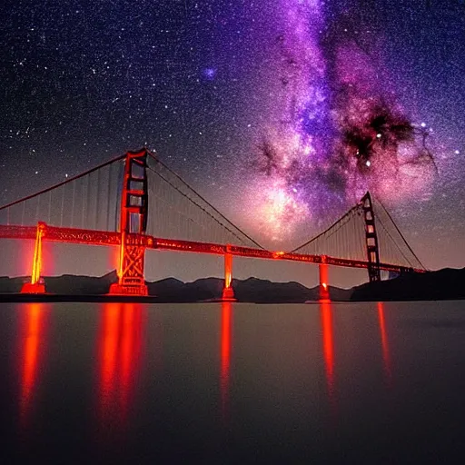 Image similar to Twin Towers between towers is a distant Golden Gate Bridge, glowing black hole in the night sky in front of the Milky Way, red-hooded magicians casting purple colored spells towards the towers, white glowing souls flying out of the towers to the black hole in the style of The Lord of the Rings