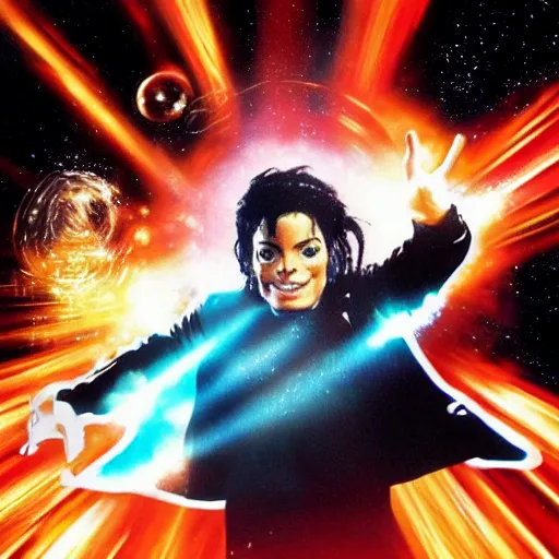 Prompt: michael jackson escaping from a galaxy portal, xscape album cover 2 0 7 7