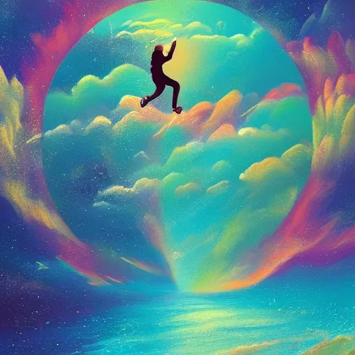 Image similar to a painting of a person flying through the sky, an ultrafine detailed painting by petros afshar, shutterstock contest winner, metaphysical painting, sense of awe, behance hd, windows vista