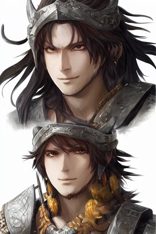 Image similar to A realistic anime portrait of a young handsome male barbarian with long wild hair, intricate fantasy spear, plated armor, D&D, dungeons and dragons, tabletop role playing game, rpg, jrpg, digital painting, by Stanley Artgerm Lau, Sakimichan, WLOP and Rossdraws, digtial painting, trending on ArtStation, SFW version