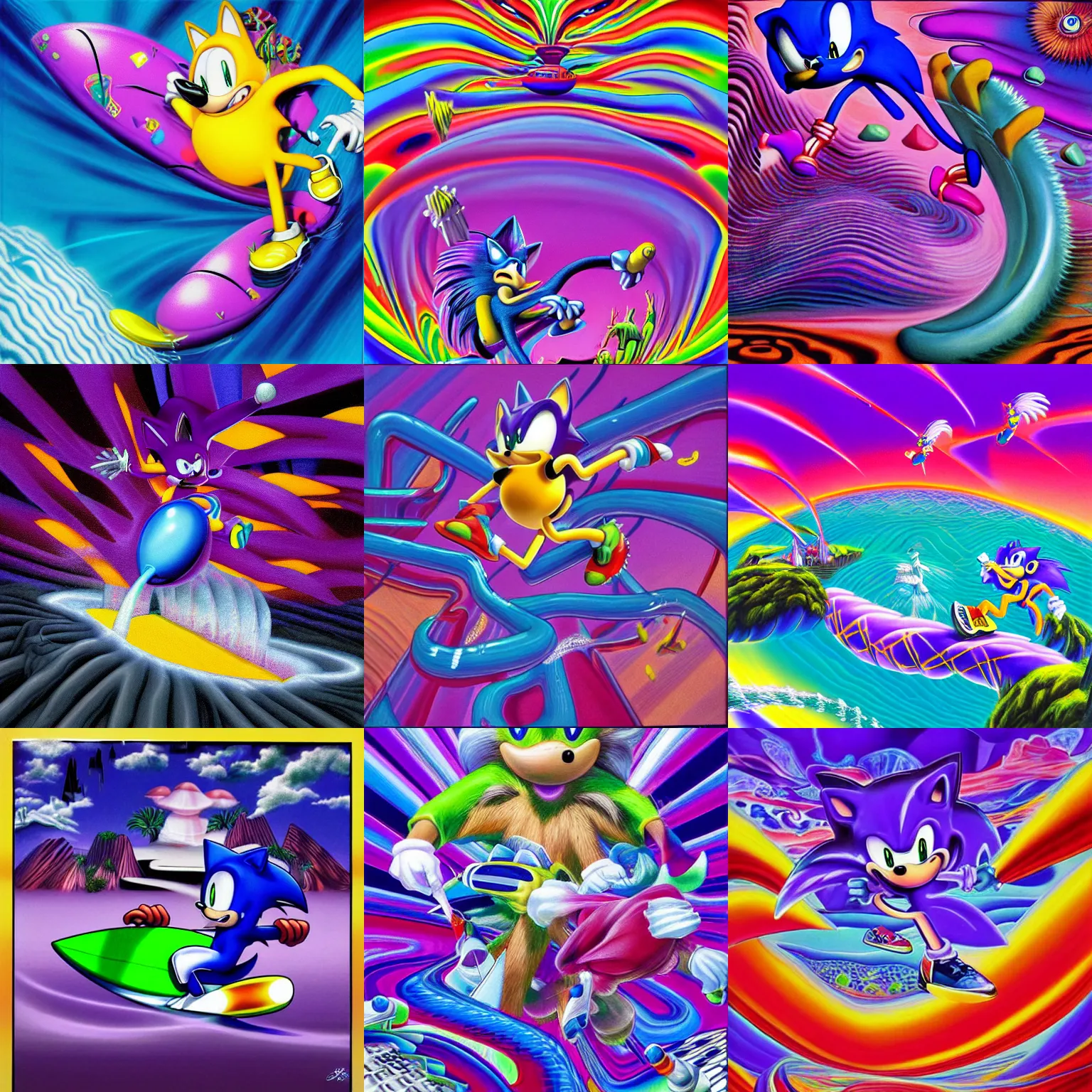 Prompt: surreal, sharp, detailed professional, soft pastels, high quality airbrush art mgmt album cover of a liquid dissolving airbrush art lsd dmt sonic the hedgehog surfing through cyberspace, purple checkerboard background, 1 9 9 0 s 1 9 9 2 sega genesis video game album cover