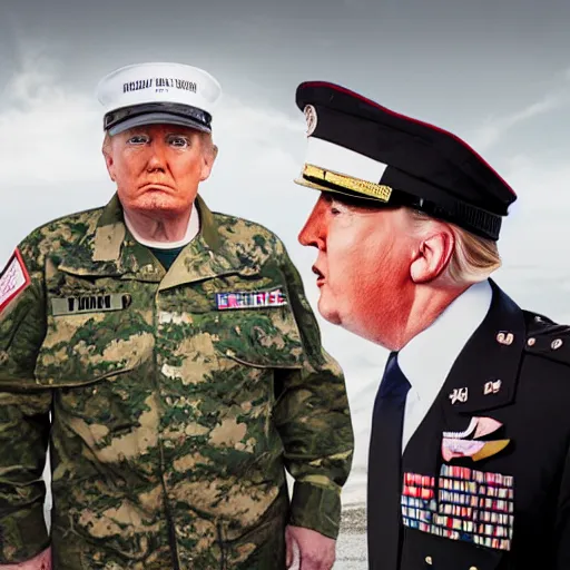 Prompt: a medium - shot still of donald trump in military dictator uniform looking into the distance, natural light, photography, photorealistic by terry richardson