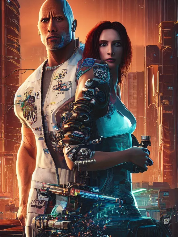 Prompt: a cyberpunk 2077 wedding couple portrait of Dwayne Johnson and a female android,complex mess of cables and wires behind them connected to giant computer,film lighting,by laurie greasley,Lawrence Alma-Tadema,William Morris,Dan Mumford, trending on atrstation,full of color,face enhance,sharp focus, highly detailed,8K, octane,golden ratio,cinematic lighting