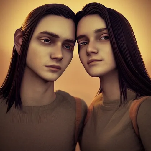 Prompt: perfectly centered symmetrical split male and female portrait of man and woman in love sharing one heart ; 3 d render by lilia alvarado, photorealistic, highly detailed ; octane ; unreal engine ; trending on artstation