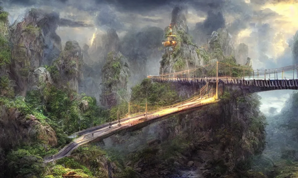 Image similar to a suspension bridge leading to a small flying island in the sky with the ruins of a tower, stunning digital illustration, by james gurney, cinematic lighting, intense colors, beautiful composition, detailed, mystical, beautiful and mysterious