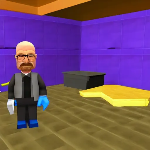 Prompt: A screenshot of Walter White being caught selling meth on roblox