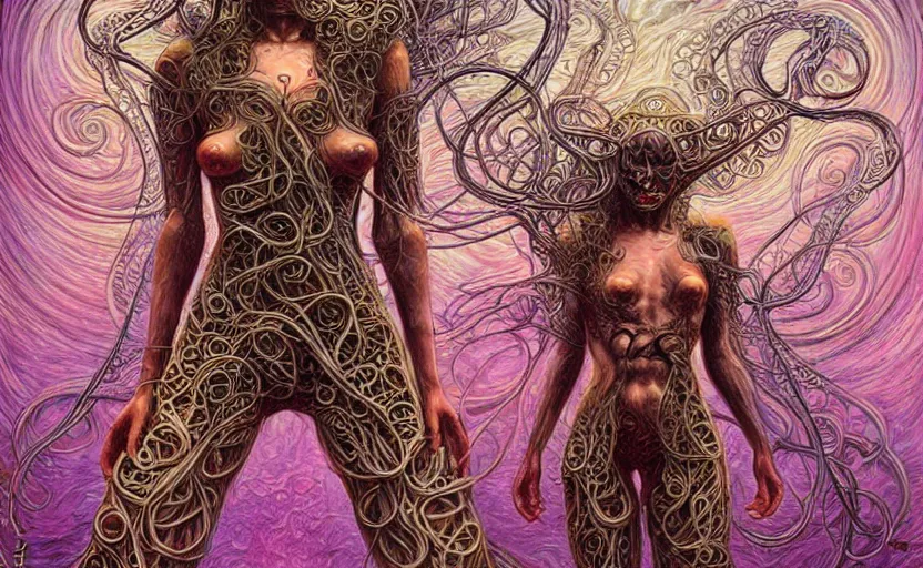 Image similar to beautiful psychedelic goddess enrobed in tentacles in the style of peter gric