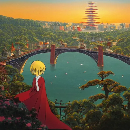 Image similar to a painting of a huge city with a circular bridge around a big red mansion and a huge world tree at the top of a mountain by hayao miyazaki