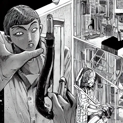Image similar to close-up scene neighbor holding a drill and drilling holes in a room, all wall is drilled with holes, manga, professional manga artwork, very detailed, black and white manga horror in style of junji ito, kentaro miura, Tsutomu Nihei