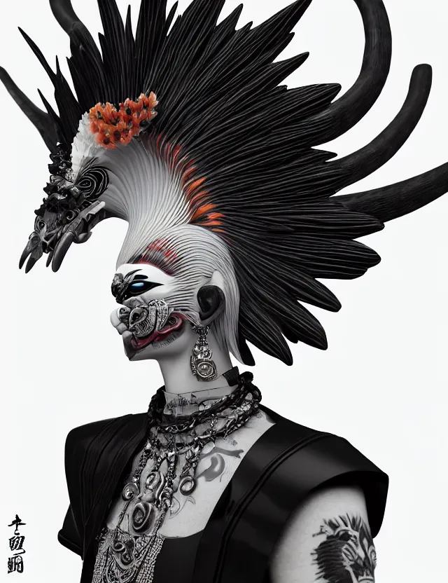 Image similar to 3 d goddess close - up profile simple portrait punk with mohawk with ram skull. beautiful intricately detailed japanese crow kitsune mask and clasical japanese kimono. betta fish, jellyfish phoenix, bio luminescent, plasma, ice, water, wind, creature, artwork by tooth wu and wlop and beeple and greg rutkowski