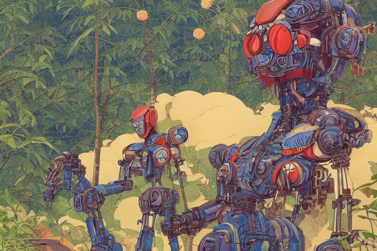 Image similar to most blues, evangelionic illustration, gigantic girl head, a lot of exotic vegetation, trees, tremendous mecha robot, flowers, oldschool vintage sci - fi flat surreal design, super - detailed, oil painting by moebius and satoshi kon, hd, 4 k, high quality