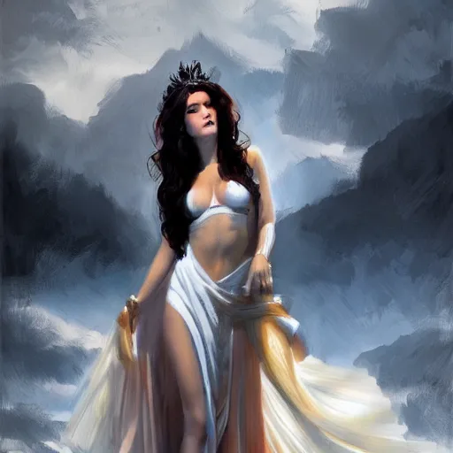 Image similar to Greek goddess posing for painter, sun light, trending on artstation, black hair, white coat, messy hair, palace in the background