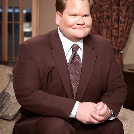 Image similar to Andy Richter is wearing a chocolate brown suit and necktie and is in a bedroom with a window letting in bright morning sunlight. Andy is sitting upright in a bed and is stretching his arm. His mouth his wide open as he yawns.