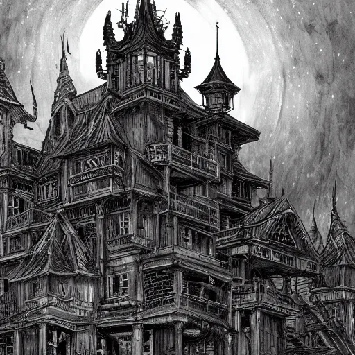 Image similar to black and white art deco style ink drawing of detailed the huge haunted house on the edge of a hill , highly detailed, fantasy art, in the style of greg rutkowski, epic, fantasy, intricate, hyper detailed, artstation, concept art, smooth, sharp focus, ray tracing