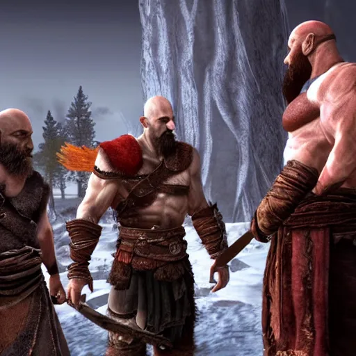 Prompt: screenshot of the game God of War with Kratos and Walter White eating a hamburger