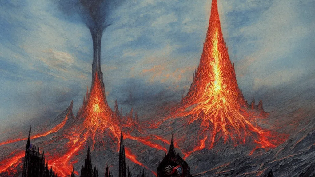 Prompt: mordor, flaming eye of sauron above the tower of barad - dur, by alan lee, intricate, lord of the rings calendar, smooth, detailed terrain, oil painting, trending artstation, concept art, fantasy matte painting