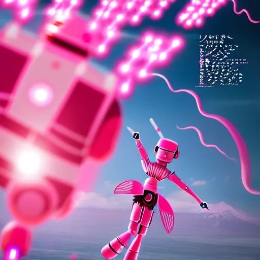 Image similar to a japanese woman battles pink robots, illustrated, detailed, 4 k