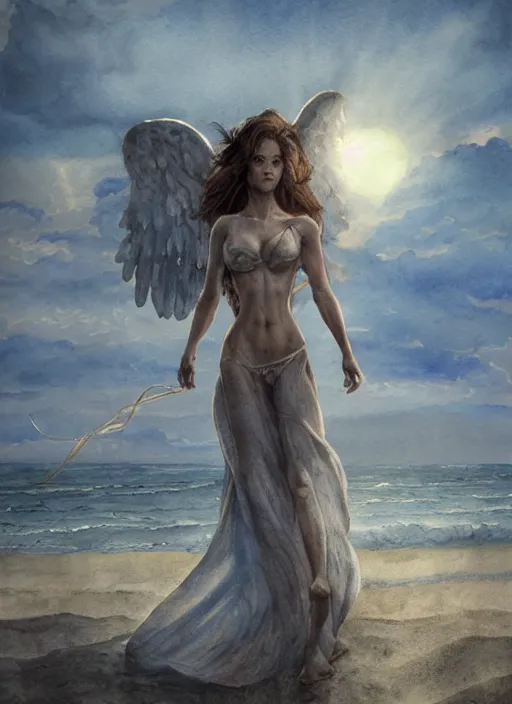 Image similar to portrait, An angel on the beach watching the sun set, watercolor, dramatic lighting, cinematic, establishing shot, extremely high detail, foto realistic, cinematic lighting, pen and ink, intricate line drawings, by Yoshitaka Amano, Ruan Jia, Kentaro Miura, Artgerm, post processed, concept art, artstation, matte painting, style by eddie mendoza, raphael lacoste, alex ross