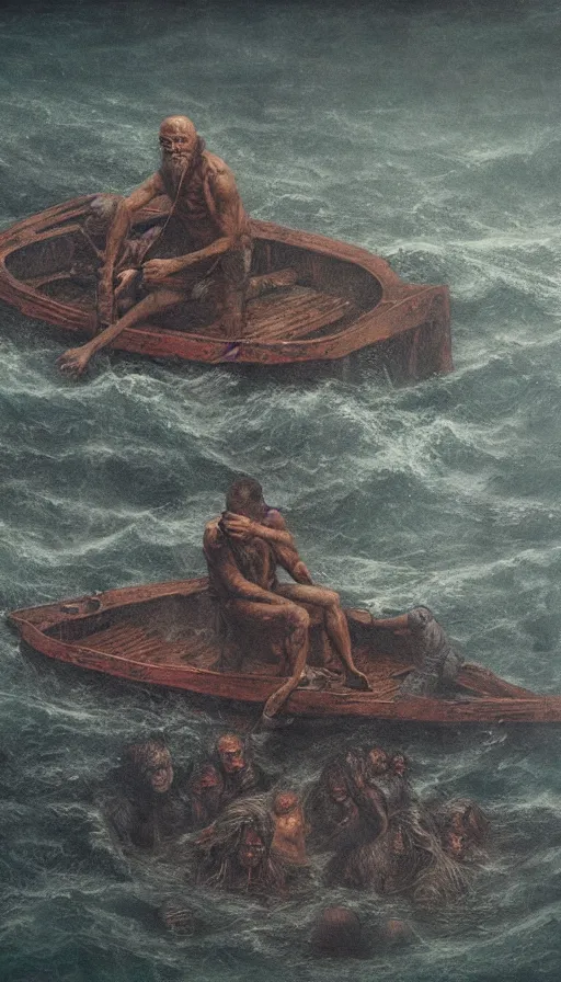 Prompt: man on boat crossing a body of water in hell with creatures in the water, sea of souls, by dan witz