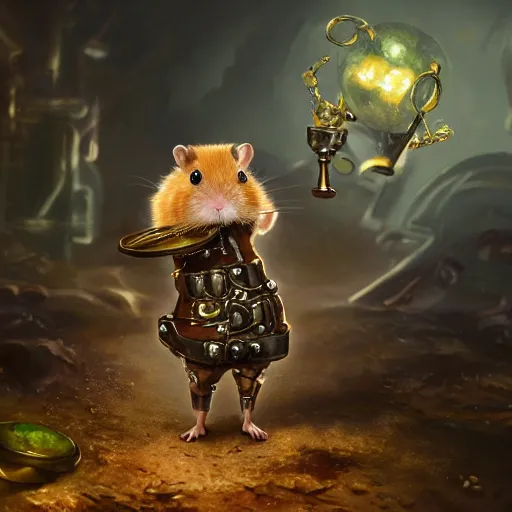 Prompt: oil painting of anthropomorphized hamster holding shiny gem, steampunk clothes, close shot, full body, dark steampunk mine shaft background, sharp focus, fantasy style, octane render, volumetric lighting, 8k high definition, by greg rutkowski, highly detailed, trending on art Station, dungeons and dragons artwork, centered