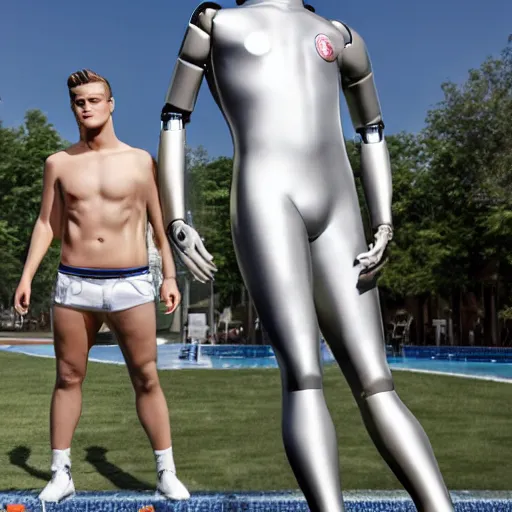 Image similar to a realistic detailed photo of a guy who is an attractive humanoid who is half robot and half humanoid, who is a male android, soccer player matthijs de ligt, shiny skin, posing like a statue, blank stare, by the pool, on display