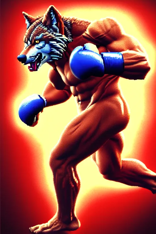 Prompt: extreme long shot. 8 bit nes graphics. antropomorphic muscular masculine wolf. kickboxer fighter, in shorts. wolf head. furr on body. art from nes game cartridge. 4 k, volumetric light