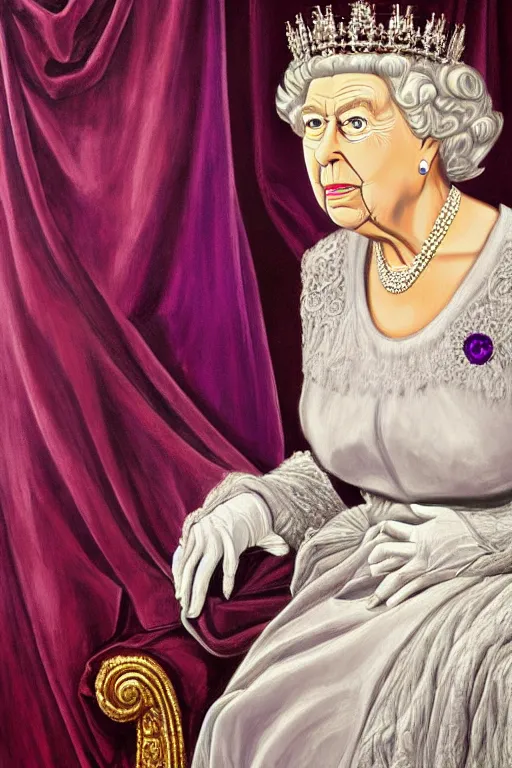 Prompt: Queen Elisabeth II is a vampire, portrait, epic fantasy game, Background is a curtain of purple Velvet, oil painting, hyper detailed, hyper realistic, by Botticelli, portrait