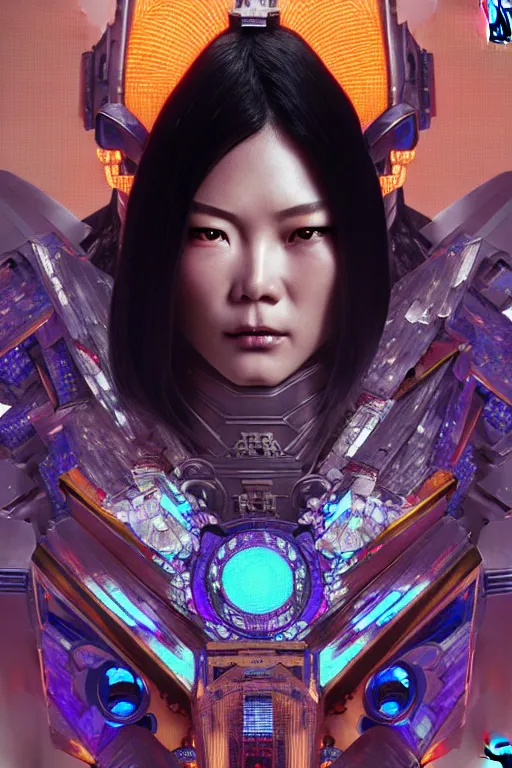 Prompt: akira from chinese mythology, hi - tech luciferian synthetic, gorgeous and huge head ornaments, dystopian, cyberpunk, mecha, halfturn portrait of a big crystal face made of crystals half - turn, ominous, intricate, studio, art by anthony macbain + greg rutkowski + alphonse mucha, concept art, 4 k, sharp focus