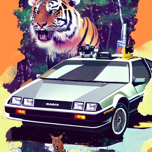 Image similar to a delorean and a tiger, magazine collage, art by hsiao - ron cheng and utagawa kunisada