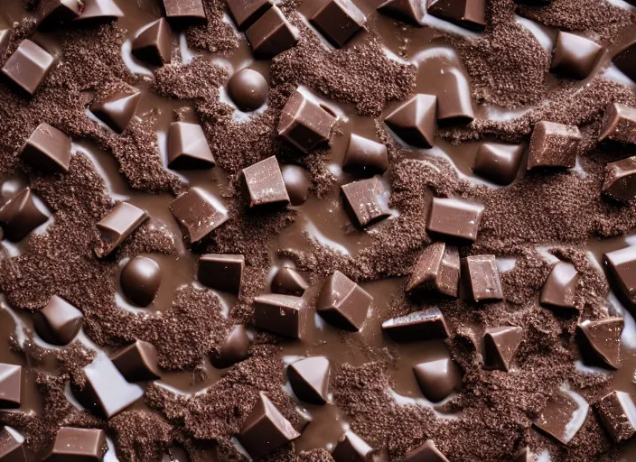 Prompt: wide angle photo of a swimming pool filled with melted chocolate. brown liquid. 8 k, depth of field, dslr