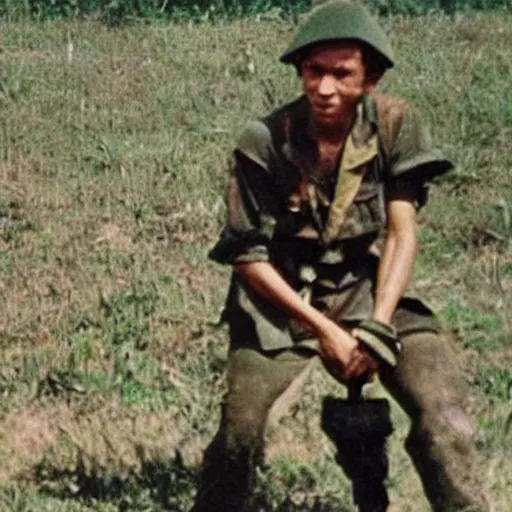 Prompt: old photo of Messi in Vietnam war