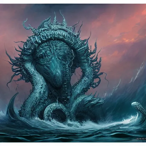 Image similar to sea beast of the depths in the style of michael whelan and h. p. lovecraft. hyperdetailed photorealism by greg rutkowski