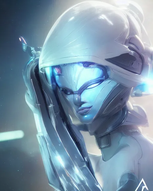 Image similar to perfect android girl on a mothership, warframe armor, beautiful face, scifi, futuristic, galaxy, nebula, raytracing, dreamy, long white hair, blue cyborg eyes, sharp focus, cinematic lighting, highly detailed, artstation, divine, by gauthier leblanc, kazuya takahashi, huifeng huang