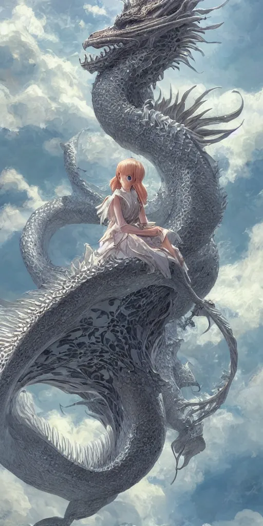 Prompt: the beautiful hyper detailed portrait render that a beautiful princess sitting on the back of a huge silver white dragon alone in fairyland surrounded by white clouds, finely detailed angelic face delicate features, style of studio ghibli, makoto shinkai, raphael lacoste, louis comfort tiffany, artgerm, james jean, ross tran, animation style, hd, ultra wide angle