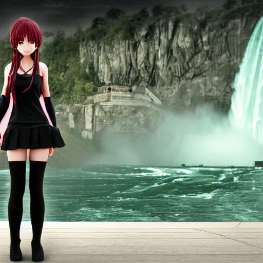 Prompt: render as a very beautiful 3d anime girl, hot petite, long braided hair, hazel eyes, full round face, short smile, cinematic lightning, river with niagara falls in background unfocused, medium shot, mid-shot, highly detailed, trending on Artstation, Unreal Engine 4k, cinematic wallpaper