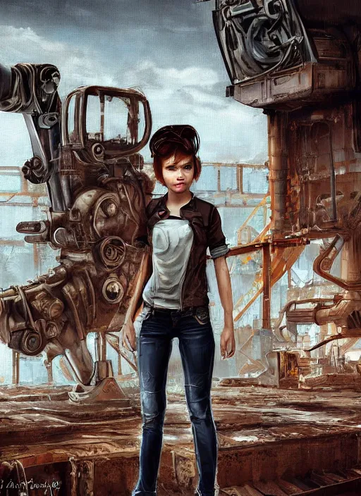 Image similar to a portrait digital painting of a young girl with hazel - brown hair. post - apocalyptic clothing. she's wearing a mechanics uniform and has been working on some large machinery. a factory background with big machines, pipes, computer monitors. painted by artgerm, ross tran.