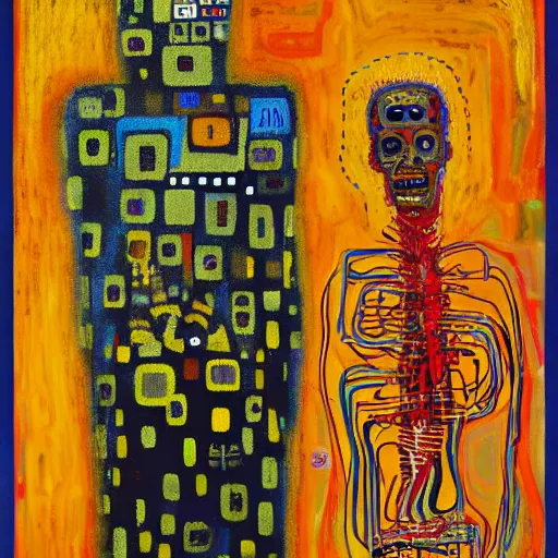 Image similar to artificial intelligence oil painting by klimt and Jean-Michel Basquiat