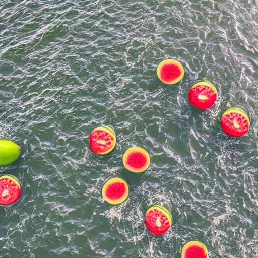 Prompt: watermelons float on the ocean, photo from a height of 1 km