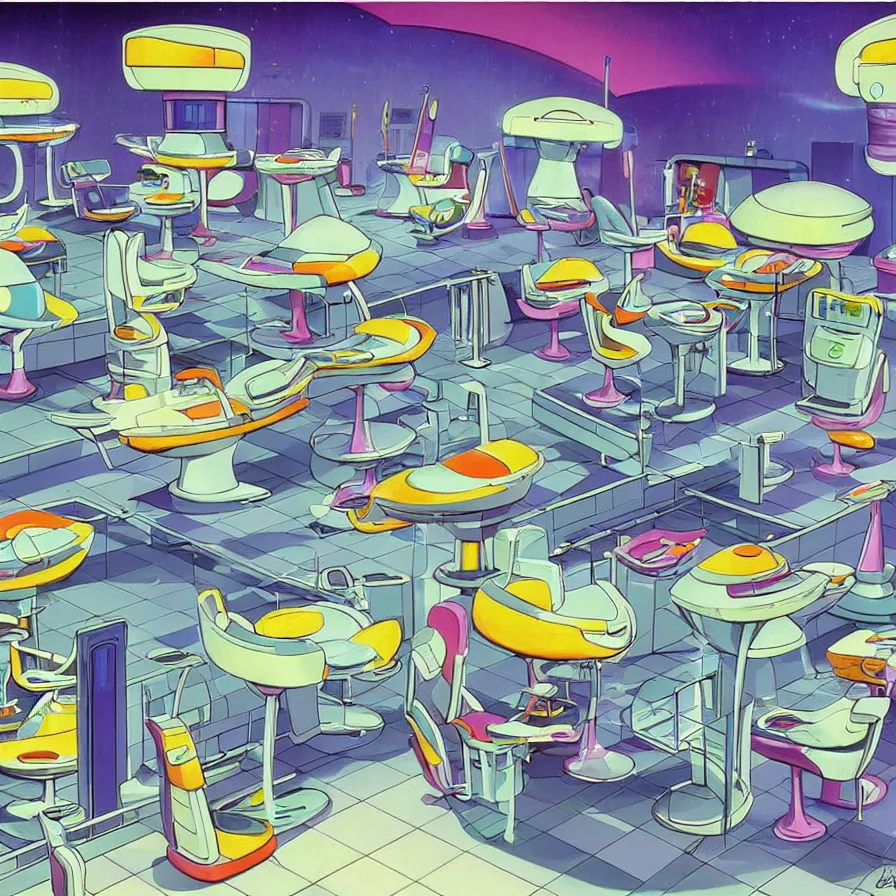 Prompt: concept art of jetsons cartoon scenario of a futuristic hair salon, painted by tim white