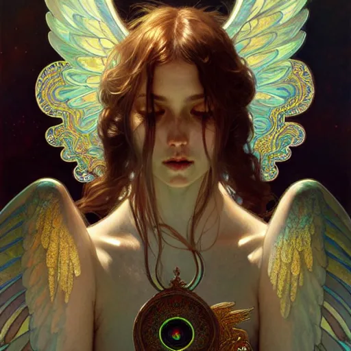 Image similar to iridescent seraphim covered with eyes and wings, photorealistic, fantasy, intricate, elegant, highly detailed, digital painting, artstation, concept art, smooth, sharp focus, illustration, art by Krenz Cushart and Artem Demura and alphonse mucha