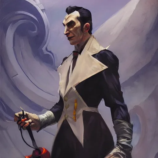 Image similar to greg manchess painting of dracula as an overwatch character, profile picture, matte painting, bold shapes, hard edges, street art, trending on artstation, by huang guangjian and gil elvgren and sachin teng